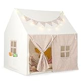 COSTWAY Kinderzelt für Drinnen, Kinder Spielhaus mit Matte & Lichtern, Kinderspielzelt mit Flaggenbanner & Fenstern, Spielzelt für Jungen & Mädchen 3-8 Jahren, Beige