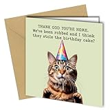 Oscar Finks Lustige Geburtstagskarte von der Katze, Katze mit Partyhut, essender Kuchen, 'Thank God you're home', innen blanko, #1788