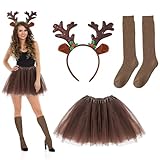 TUONYIS 3 Stück Reh Kostüm Damen, Rentier Kostüm Mädchen mit Geweih Haarreif und Reh Damen Tüllrock und Socken, Rentier Kostüms für Karneval Halloween Kostüms Tier Ohren Weihnachten (Braun)