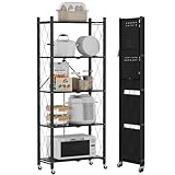 DEANIC Klappregal, 5 Regal Bücherregal, Küchenregale mit Rollen, Metallregal zur Aufbewahrung für Wohnzimmer, Speisekammer (61 x 147 x 28 cm, Schwarz)