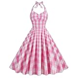 Rosa Kariertes, mittellanges Neckholder-Kleid mit Gürtel und Baumwolle – rosa und weiß kariert – S