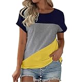 t Shirt mädchen, Damen T-Shirt Große Größen Rundhals Farbblock Kurzarm Blusenshirt Sommer Elegante Oberteil Locker Fit Longbluse Bequem Tunika Mode Hemdbluse Casual Tops