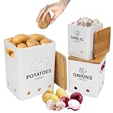 Aevcvok 3er Set Kartoffel Aufbewahrungsbox, Vorratsdosen für Kartoffeln Zwiebel Knoblauch Aufbewahrung mit Bambusdeckel, Hält Gemüse Länger Frisch Zwiebeltopf Knoblauchtopf Kartoffelbox, Weiß