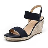 DREAM PAIRS Damen-Espadrilles mit offener Zehenpartie, elegante Plateau-Sandalen zum Hineinschlüpfen, elastische Knöchelriemen, Keilabsatz-Sandalen,Size 36,Marine,SDPW222W