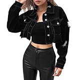 Crop-Denim-Jacken für Damen, Used-Look, Knopfleiste, Jeansjacke, langärmelig, trendig, zerrissener Mantel, lässige Strickjacke, Schwarz , M
