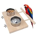Pamtns Vogelfütterungsschale Vogelfutter Edelstahl Tassen Holz Sitzstange Stand Futterbecher für Papageien mit Stand Vogelnapf Futter Schüssel Futternapf zum Einhängen Fütterung und Tränken Zubehör