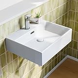 Waschbecken aus Keramik - Waschtisch Eckig - Aufsatzwaschbecken Gäste WC - Hängewaschbecken mit Lotus Effekt Nano-Beschichtung - mit Hahnloch und Überlauf - Weiß - 50,5 x 42 x 14 cm