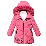 linboo Winterjacke Mädchen Wintermantel mit Abnehmbarer Fellkapuze Warme Lang Mantel Kinder Parka Outdoor Jacke mit Buchstaben und niedliche Muster, Rosa, 134(Etikettengröße: 140)