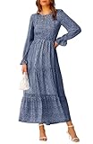 BTFBM Frauen Casual Langarm Rundhals Herbst Kleid Bohemian Relaxed Fit Floral Flowy Maxi Kleider Stufened Cocktailkleid, Dunkelblau, Mittel