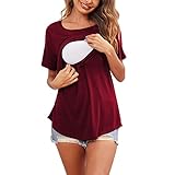 Damen Umstands-T-Shirt mit kurzen Ärmeln, Rundhalsausschnitt, einfarbig, asymmetrisch, Klappe, Stilloberteil, zum Stillen Schwarzer Pullover 44 (Wine, XXL)