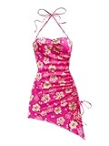 Floerns Sommerkleid für Damen, asymmetrischer Saum, figurbetont, Blumendruck, Neckholder-Kleid, Knallpink (Hot Pink), Mittel