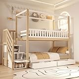 Etagenbett Kinderbett. 90*200 cm. Massivholz-Doppelbett. Hausform. Sicherheitsgitter-Design. mit Ablagefächern und Sicherheitsleiter. Weißes und originales Holz-Farbschema-Design. Jungen- und Mädchen