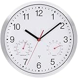NESIFEE Funkwanduhr Geräuschlos Funkuhr Wand Wanduhr Funk Ohne Tickgeräusche mit temperaturanzeige und Feuchtigkeitsmesser lautlos Leis kein Ticken Weiß gut lesbar für Wohnzimmer Büro Küche Uhr