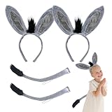 FUIPVGI 4 Stücke Esel Kostüm Set, Esel Tier Kostüm Haarreif mit Ohren Schwanz, Esel Tier Verkleiden Set, Kostüm Party Dekoration Zubehör, für Karneval Party Halloween Fasching (Grau)