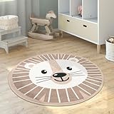 Paco Home Kinderteppich Teppich Kinderzimmer Rund Spielmatte Babymatte rutschfest Modern Mond Koala Löwenkopf, Grösse:150 cm Rund, Farbe:Beige