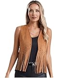 Fldy Damen Wildleder Fransen Weste Western Cowgirl Hippie Fransen Weste Nieten Lederweste 70er Jahre Hippie-Kostüme Kleidung Braun XL