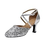 Generisch Damen Pailletten Tanzschuhe mit mittlerem Absatz Querband und Schnalle Design Glitzernder Look Modischer Club Schuh Tanztauglicher Feierschuh Strahlender Veranstaltungsschuh