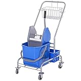 HOMCOM Putzwagen Reinigungswagen Fahreimer Putzeimer 25 Liter Wischwagen mit Wringer, Haken für Mopp Haushaltswagen mit 4 Rollen Blau