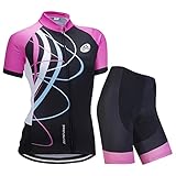ZEROBIKE Damen Atmungsaktiv Schnelltrocknend Fahrradtrikot Set, Outdoor Kurzarm Radsport-Shirt + 3D Gel Gepolsterte Kurze Hose Fahrradhose, L, Galoppierendes Rosa