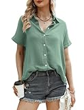 Aottori Blusen Damen Langarm Oberteile Casual Kurzarm Shirt Tops Lose Baumwolle Tunika Hemd Tee Grün XL