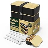 Umami Lunchbox Erwachsene, Auslaufsichere Bento Box mit Fächern und 4 Bestecke, Brotdose Erwachsene, Salatbehälter To-Go, Lunch Box für Picknick/Büro, Schwarz & Beige, 1200 ml