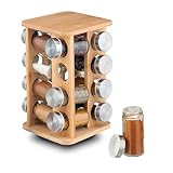 Relaxdays Gewürzkarussell, 16 Gewürzgläser, 360° drehbarer Gewürzständer, HBT 27 x 17 x 17 cm, Bambus Gewürzregal, natur