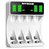 BATZONE Akku Ladegerät, AA/AAA Ladegerät mit Großer LCD Anzeige, 4-Ladeplatz Universal Schnell Akkuladegerät, für NI-MH NI-CD AA/AAA Akkus, für wiederaufladbare Mignon AA und Micro AAA