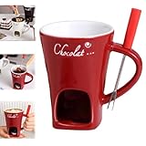 Schokofondue Tasse,Becher zum Schmelzen von Schokolade,Keramik Schokoladenfondue Tasse,Mehrzweck Chocolate Fondue Set mit Gabel und Teelicht,geeignet für Käse,Schokolade,Butter und Karamell (Rot)