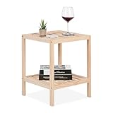 Relaxdays Beistelltisch, Holz, HxBxT: 50 x 40 x 40 cm, Wohnzimmertisch mit 2 Ablagen, quadratischer Ablagetisch, Natur