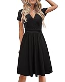 STYLEWORD Damen Sommerkleid Kurzarm V-Ausschnitt Kleider Blumenmuster Kleid Strandkleid Mit Taschen(Schwarz,Groß)