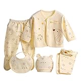Mädchen-Outfits & Set, 5-teiliges Neugeborenenen-Baby-Outfit-Set mit langen Ärmeln, Oberteil + Mütze + Hose + Lätzchen, Kleidung für Babys und Kinder Gr. Einheitsgröße, gelb