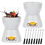 LYCN 2 Stück Schokofondue, Keramike Schokofondue-Topf-Set mit 2 Teelichter 8 Gabeln Aus Rostfreiem Stahl für Schokolade Käse Fondue Nachtisch Eintauchen von Obst, Weiß