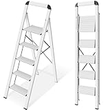 KINGRACK Stufenleiter, 5 Stufen, klappbare Stufenleiter mit Handlauf, rutschfeste Haushaltsleiter mit Klappsicherung, Aluminium Tritthocker, maximale Belastung 150 kg