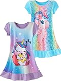 SOIBEEN Mädchen Nachthemden Einhorn Nachthemden 2-Pack Nachthemd Kurzarm Nachtwäsche für Mädchen Blau Lila 7-8 Jahre 130 Höhe