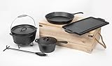 KOCHMANN® 7-teiliges Dutch Oven BBQ Set – aus massivem Gusseisen Feuertopf – Perfekt für Outdoor & Indoor Grill, Lagerfeuer & Küche - KEG08