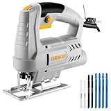 Elektro-Stichsäge 400 W: DEKOPRO Stichsäge mit 6-Gang-Variablengeschwindigkeit 0–3000 SPM, ±45° Schrägabschnitt-Funktion Jigsaw, 8 Sägeblätter für Holz, Metall und Kunststoff