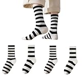 AKAMAS 4 Paar Damen Lustige Schwarz Weiß Gestreifte Baumwollsocken,Warm Winter Streifen Muster Freizeit Socken,Modische Schwarz-Weiße Patchwork Sport Socken A