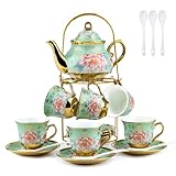 Keramik Teeservice mit Metallständer, 20 Stück Teeservice aus Porzellan mit Vintage-Blumenmotiv, Europäischen Stil Teeservice für 6 Personen, 160ml Keramik Teetasse, 700ml Teekanne, für Party