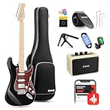 Donner E Gitarren Set, 39 Zoll E-Gitarre HSS Pickup Coil Split, DST-152B Electric Guitar mit Verstärker, Tasche, Kapodaster, Gurt, Saiten, Stimmgerät, Kabel, Plektren, Schwarz
