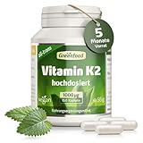 Vitamin K2 hochdosiert - mit 1000µg Vitamin K2 MK7 all trans pro Tag (150 vegane Kapseln) - für Knochenerhalt und eine normale Blutgerinnung - ohne Zusätze, Gentechnik, laborgeprüft - Greenfood