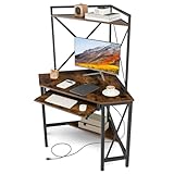 COSTWAY Schreibtisch mit Ladestation, Eck Computertisch mit Tastaturablage & 2 Ablagen, Bürotisch Metallrahmen, Arbeitstisch für Homeoffice, 80 x 80 x 145 cm(Vintage)