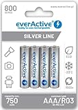 everActive Akku AAA 800 mAh 4 Stück, NI-MH, Micro R03, wiederaufladbar, vorgeladen, Silver Line 1.2V, 1 Blisterkarte EVHRL03-800, Silber