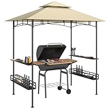 Outsunny Grillpavillon 240 x 150 x 257 cm wasserdicht flammhemmend Gartenpavillon mit Doppeldach, Seitenregalen, Gartenlauben mit UV-Schutz, BBQ Pavillon aus Stahl, Grillzelt für Party BBQ, Beige