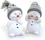 2X Deko Figur Schneemann im Set je 11 cm, Keramik weiß, Wintermütze Textil Wolle grau, Keramikfigur Dekofigur Winter Weihnachten