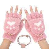 Halbfinger Handschuhe Damen,Katzenpfote Handschuhe,Damen Fingerlose Handschuhe,Abdeckung Umdrehen Handschuhe,Winterhandschuhe Damen,Handschuhe Winter,Plüsch Halbhandschuhe für Mädchen Kinder (Rosa)
