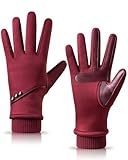 HOLDINA Damen Handschuhe Winter Warm, Wasserdicht Mit Rutschfestem Leder, Touchscreen Mit Fleece Gefüttert Zum Fahren, Laufen, Radfahren, Wandern (Rot-S)