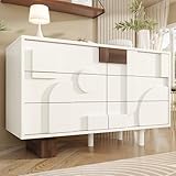 Mounteps Sideboard Wohnzimmer mit 6 Push-to-Pop-Schubladen, Kommode mit Schubladen, Minimalistisches Wohnzimmerschrank, Sideboard Weiss, Esszimmerschrank, Weiß