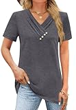 iudam Damen T-Shirt Kurzarm V Ausschnitt Oberteil Locker Basic Shirt Tops Sommer Knopf Casual Bluse,Dunkelgrau,L