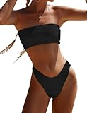 YIMISAN Zweiteiliger Bandeau-Badeanzug für Damen, gerippt, trägerlos, Schlauch-Bikinioberteil mit mittlerer Taille, freches Unterteil, Schwarz, Medium