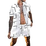Generisch Weste Mit Bluse Hemd Hose Sets Kurzarm Hawaii Print Lässig Hemd Shorts Anzug Weste Dunkelblau Herren (White, M)